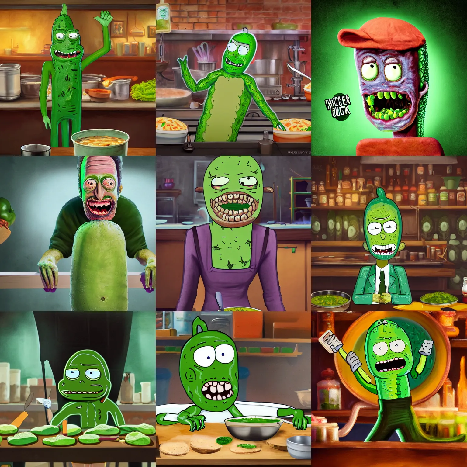 Prompt: pickle rick, pickle rick serving in a soup kitchen, detailed portrait, matte painting