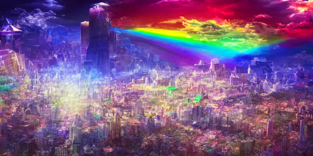 Image similar to City on Prism World, city inside of a crystal made of transparent prisms, fantasy world inside of a crystal, roads of light, rainbow colors, detailed matte painting, fantasy landscape, hyperrealistic