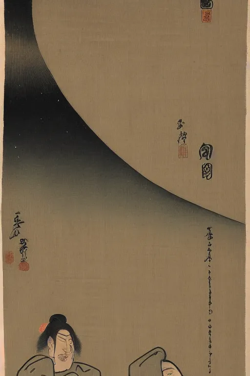 Prompt: a man gazing into the moon, the moon staring right back at the man, edo period