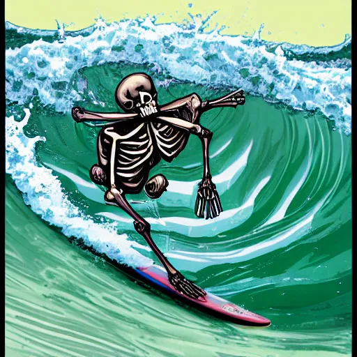 Image similar to photorealistic skeleton surfing over a wave