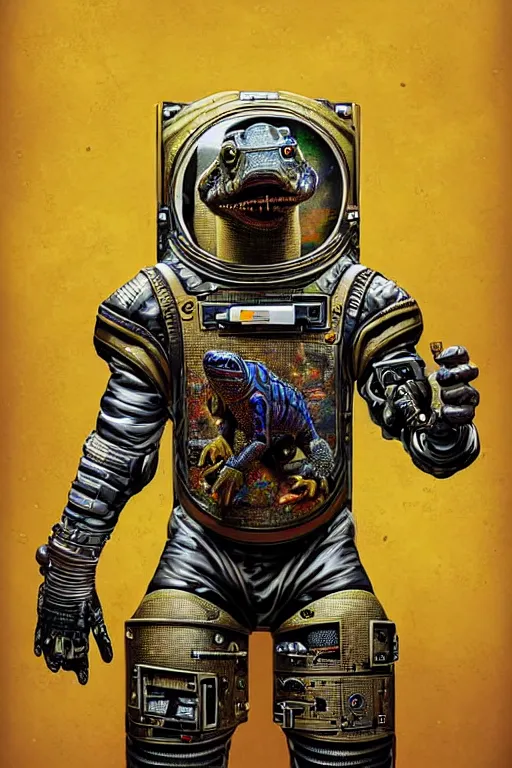 Image similar to a portrait of a muscular anthropomorphic cyberpunk caiman lizard space mechanic in spacesuit armor with ensignia on chest plate by sandra chevrier, by jon foster, detailed render, pistol in holster, tape deck, epic composition, cybernetics, 4 k realistic, cryengine, realistic shaded lighting, sharp focus, masterpiece, by enki bilal