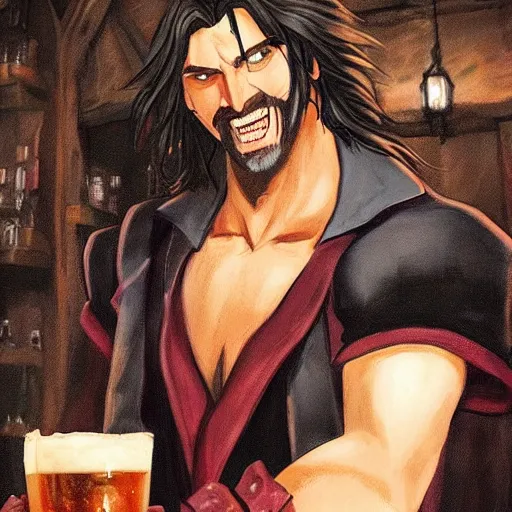 Prompt: Beautiful painting of Trevor Belmont from Castlevania, enjoying a pint of ale at a tavern, HDR, happily smiling at the camera, holding the pint of ale, sitting at the bar, warm lantern lighting.