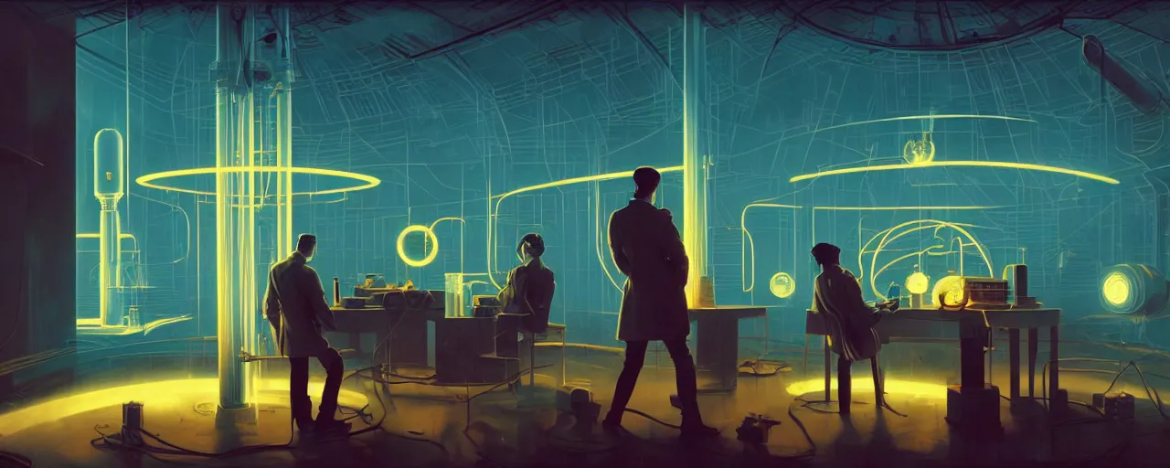 Prompt: duotone retro futuristic illustration 3 / 4 portrait of nikola tesla conducting experiments in wardenclyffe tower. cinematic lighting. golden ratio accidental renaissance. by sachin teng and sergey kolesov and ruan jia and heng z. graffiti art, scifi, fantasy, hyper detailed. octane render. concept art. trending on artstation