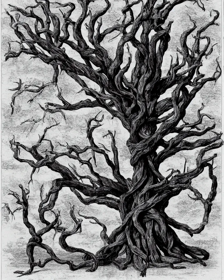 Image similar to A wretched mythical tree made of human flesh, limbs and bones.