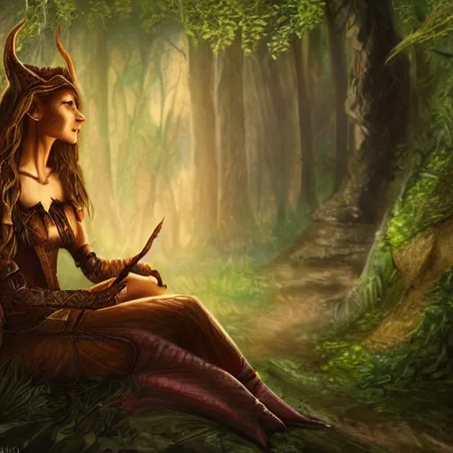 Prompt: an elven woman looking out into the woods on at night, her draconic companion resting next to her, slight smile, D&D, HD, HDR, Highly detailed, pathfinder,