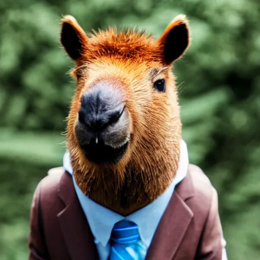 Image similar to an antropomorphic capybara wearing a suit