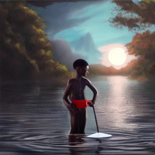 Prompt: a retro realistic painting of a ghost!!! shining in a lake while a black kid! stares at it with a florest! in the background, a scenic view, realistic, volumetric light, octane render, detailed oilpainting painting by Naudline Cluvie Pierre, trending on artstation.