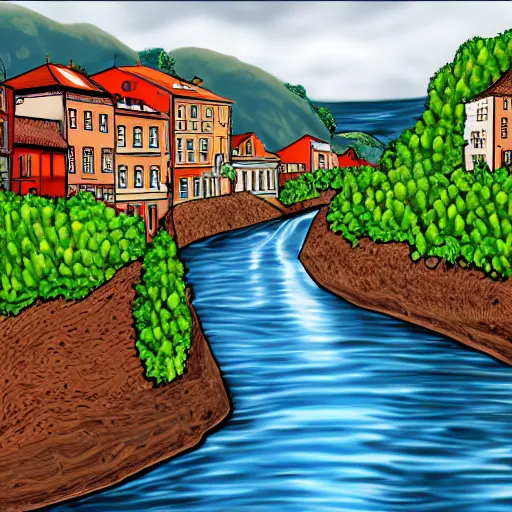 Image similar to digital art painting of a river running through a european town, very mediocre, not detailed at all.