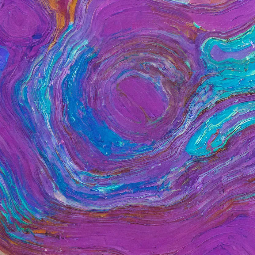 Image similar to abstract multiple layers of purple and blue shades paint dripping and running in a circular pattern, oil on canvas, detailed