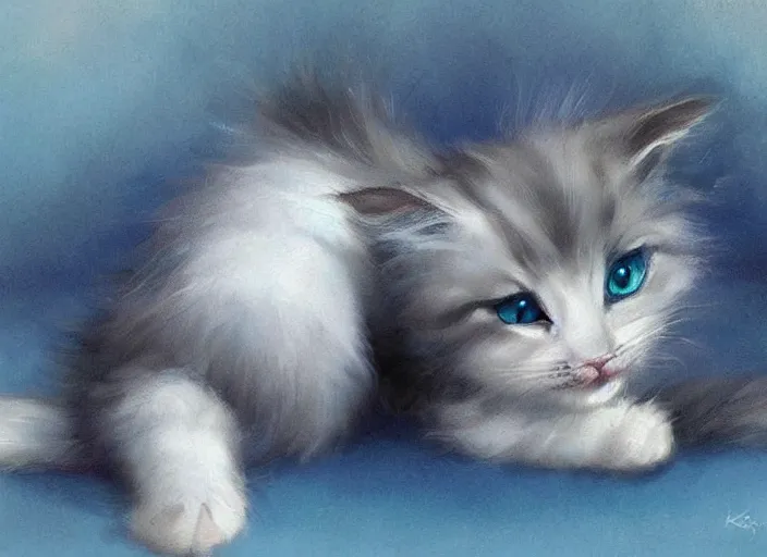 Prompt: smol fluffy kitten, big round blue cat eyes, fluffy tail, steve hanks, charlie bowater