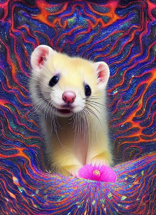 Image similar to hyper detailed 3d render like a Oil painting - kawaii portrait Aurora (blonde calico Sable Ferret) seen Eating of the Strangling network of yellowcake aerochrome and milky Fruit and Her delicate Hands hold of gossamer polyp blossoms bring iridescent fungal flowers whose spores black the foolish stars by Jacek Yerka, Mariusz Lewandowski, Houdini algorithmic generative render, Abstract brush strokes, Masterpiece, Edward Hopper and James Gilleard, Zdzislaw Beksinski, Mark Ryden, Wolfgang Lettl, hints of Yayoi Kasuma, octane render, 8k