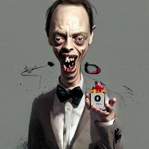 Image similar to hyper realistic absurd, silly, making insane faces, steve buscemi / john waters riding a tiny tricycle, painted by greg rutkowski, wlop, artgerm, dishonored 2, half life 2