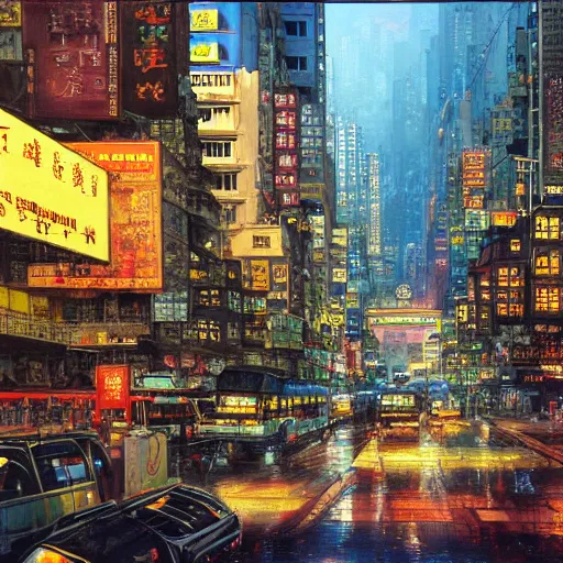 Prompt: Hong-Kong street city hyperrealism, no blur, 4k resolution, ultra detailed, style of John Berkey, Norman Rockwell, Hans Thoma, Ivan Shishkin, Tyler Edlin, Thomas Kinkade