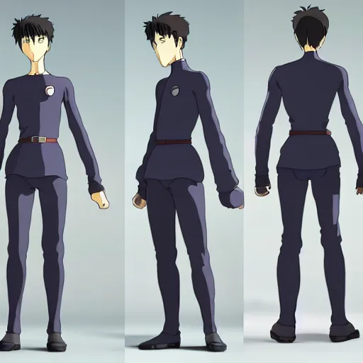 Image similar to a reference sheet containing three pictures of a hero by ghibli studio, front back view and side view, proportions, ready to model,