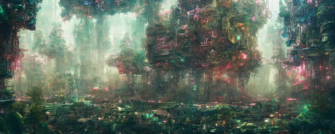 Image similar to detailed concept art illustration colorful pastel painting of a sci-fi forest city in full intricate detail, ultra detailed, digital art, octane render, 4K, dystopian, micro details