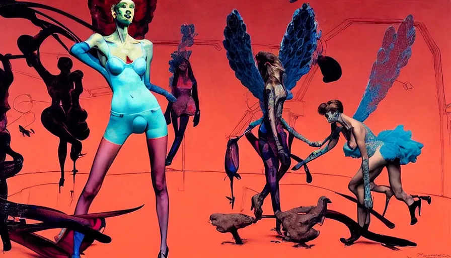 Prompt: victoria secret angel runway show by francis bacon, surreal, norman rockwell and james jean, greg hildebrandt, and mark brooks, triadic color scheme, by greg rutkowski, syd mead and edward hopper and norman rockwell and beksinski, lingerie, dark surrealism, orange and turquoise