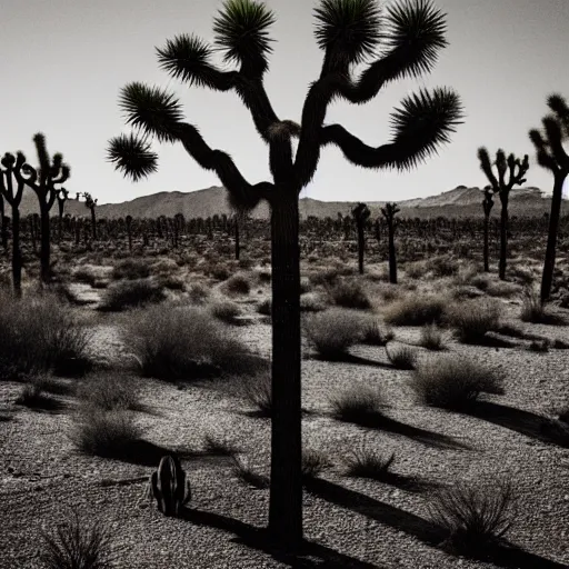 Prompt: A photo of an alien in a desert, standing next to a Joshua Tree. Grainy Photography.