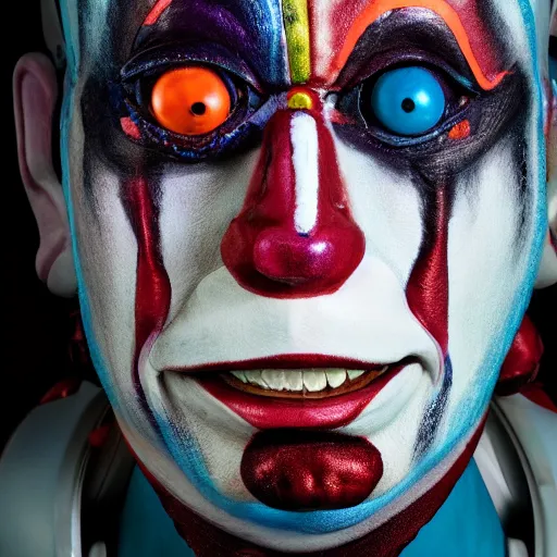 Prompt: uhd candid photo of a robot clown wearing bizarre clown makeup, with accurate face, intricate clown costume, uhd, studio lighting, correct face, photo by annie leibovitz