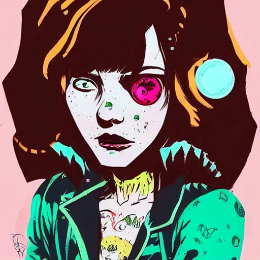 Image similar to Highly detailed portrait of a punk zombie young lady with freckles and blonde wavy hair by Atey Ghailan, by Loish, by Bryan Lee O'Malley, by Cliff Chiang, was inspired by image comics, inspired by scott pilgrim, inspired by graphic novel cover art !!!electric pink, brown, black, yellow and white color scheme ((grafitti tag brick wall background))