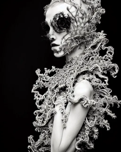 Image similar to surreal dark poetic black and white photo portrait of complex bio-mechanical beautiful young silver female vegetal-cyborg with a fur metal fine lace face, a very long neck and a fine metal floral foliage super big lace collar by Vivienne Westwood:: smoke, high fashion, haute couture, rococo, avant-garde, silver filigree details, anatomical, facial muscles, cable wires, microchip, elegant, dreamy, foggy atmosphere, hyper realistic, 150 mm lens, soft rim light, octane render, unreal engine, picture was taken in 1910 by Man Ray, volumetric lighting, dramatic light,8k,