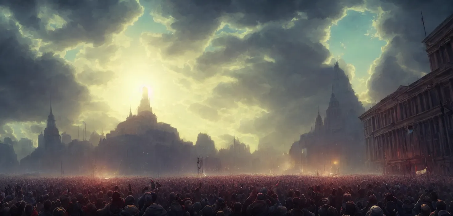 Image similar to crowd with raised arms pointing towardб demonstration, cinematic view, epic sky, detailed, concept art, low angle, high detail, warm lighting, volumetric, godrays, vivid, beautiful, trending on artstation, by jordan grimmer, huge scene, art greg rutkowski