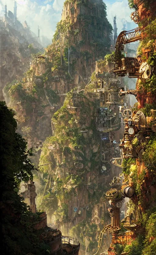 Image similar to steampunk city on a cliff, dense foliage poster art by kim jung giu and weta studio, and lucasfilm and jesper ejsing and norman rockwell greg rutkowski frank frazzeta