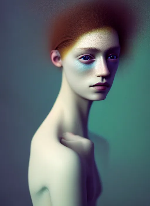Image similar to Kodak Portra 400, 8K, soft light, volumetric lighting, highly detailed, fine art portrait photography in style of Paolo Roversi , britt marling face 3/4 morphing with soft pastel colors tropical fishes, metamorphosis complex 3d render , 150 mm lens, soft blur background, bust with intricate details, elegant, hyper realistic, ultra detailed, octane render, etheric, outworldly colours, emotionally evoking, head in focus, fantasy, ornamental, intricate, elegant, 8K, soft light, volumetric underwater lighting, highly detailed, Refined, Highly Detailed, soft lighting colors scheme, fine art photography, Hyper realistic, photo realistic