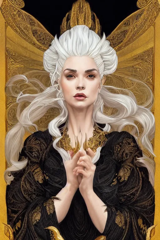 Image similar to fullbody!! of a beautiful woman with white hair, big natural horns on her head, long flowing intricate black lace dress, gold jewellery, dnd, face, fantasy, intricate, elegant, highly detailed, digital painting, artstation, concept art, smooth, sharp focus, illustration, art by artgerm and greg rutkowski and alphonse mucha