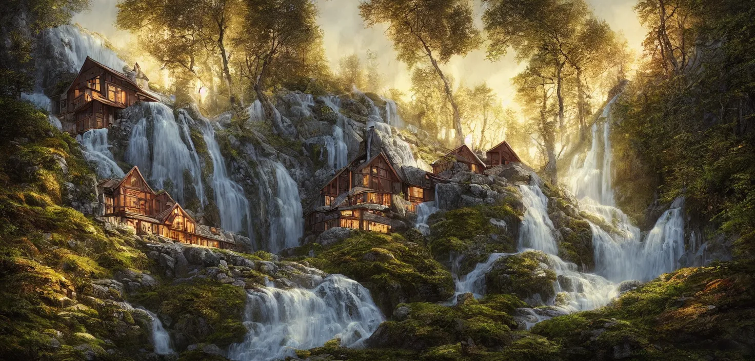 Image similar to beautiful large scandinavian house in the forest on a hill, a large waterfall flows down from the mountain in the background, vwctor art, fabulous, hyper detailed, random cinematic view, no noise, global illumination, warm lighting, volumetric, godrays, vivid, by jordan grimmer