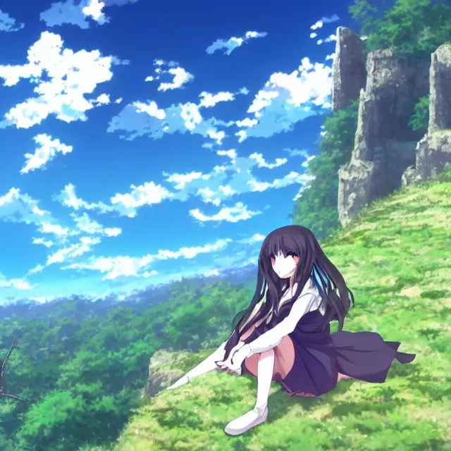 Prompt: An anime girl sitting atop a mountain, overlooking a vast kingdom, an anime still by Madhouse Animations