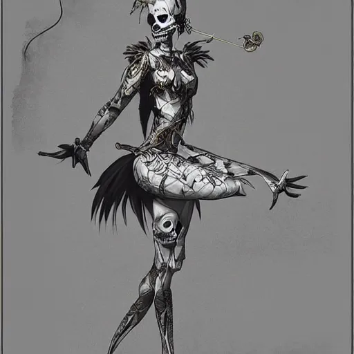 Image similar to aerial dancer in city of skeletons by ueshiba riichi illustration, highly detailed dress, concept art