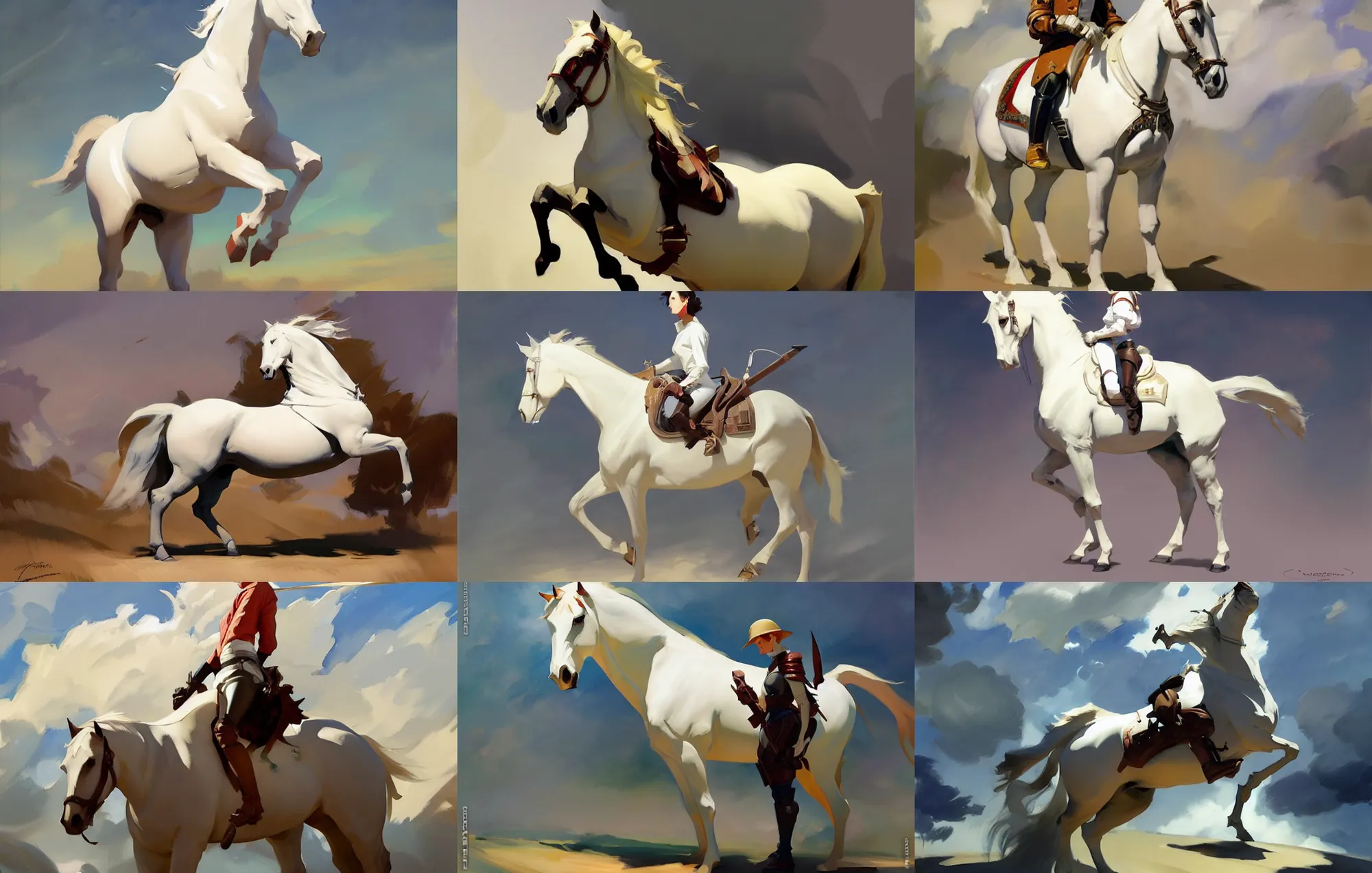 Prompt: cloth fabric white horse jodhpurs side view greg manchess painting by sargent and leyendecker, studio ghibli, fantasy, medium shot, asymmetrical, intricate, elegant, matte painting, illustration, hearthstone, by greg rutkowski, by greg tocchini, by james gilleard, by joe fenton