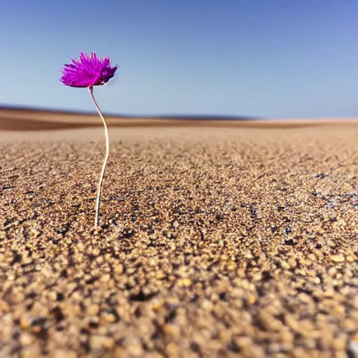Image similar to a single small pretty desert flower blooms in the middle of a bleak arid empty desert and a large topaz sticks halfway out of the sand, sand dunes, clear sky, low angle, dramatic, cinematic, tranquil, alive, life.