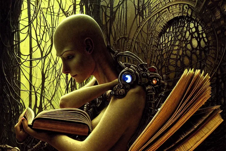 Image similar to a cyborg reading an old book, fantasy, sci - fi, intricate, elegant, dramatic lighting, highly detailed, lifelike, photorealistic, digital painting, artstation, concept art, smooth, sharp focus, illustration, art by beksinski and john blanche and paul dainton and albert aublet and artem demura and alphonse mucha