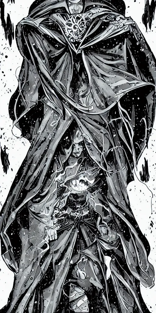 Image similar to A comic book cover page of a cloaked mage, digital art, comic book, detailed, greyscale