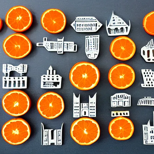 Prompt: oranges with little futuristic cities on them