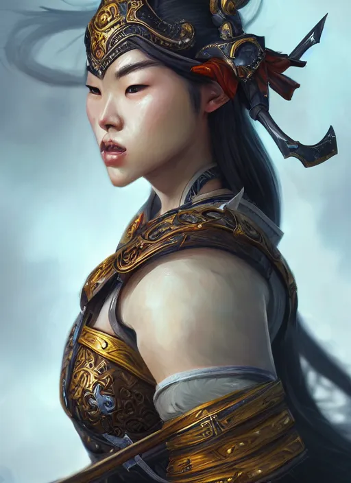 Image similar to a highly detailed illustration of fierce mongol warrior woman with bow, heroic shooting bow pose, perfect hyperdetailed face, intricate, elegant, highly detailed, centered, digital painting, artstation, concept art, smooth, sharp focus, league of legends concept art, wlop.