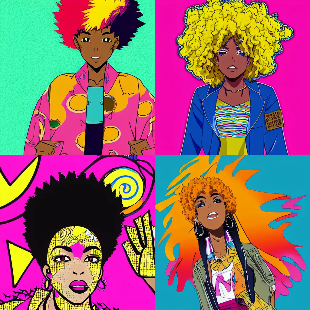 Prompt: key anime character art of an African woman with vibrant dyed hair and afro, wearing an African inspired jacket, pop art