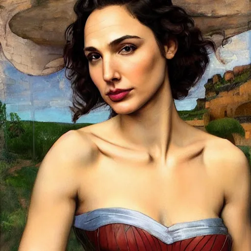 Image similar to Oil painting of the beautiful woman Gal Gadot, she is wearing some withe old cloths and a surreal ornate, her hair is natural disheveled, she has an ancient italian village as background, naturalism, dramatic lighting, high-detailed oil painting by Ilya Repin, Michelangelo da Caravaggio, William Blake, Alex Grey and Beksinski, trending on Artsatio, masterpiece, 4k, 8k,