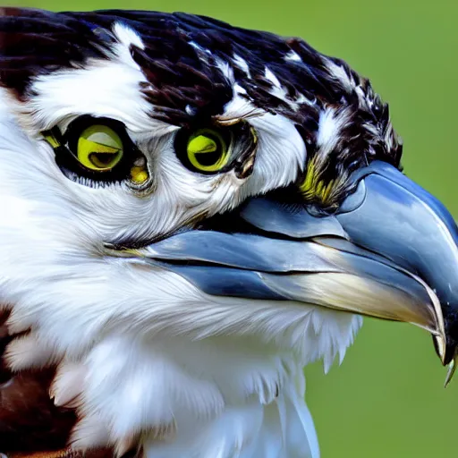 Image similar to extremely detailed cartoon osprey looking directly into camera