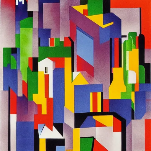 Image similar to by johannes itten haunting. print. a cityscape. the different colors & shapes represent different parts of the city.