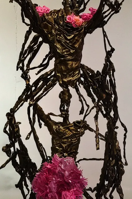 Image similar to papercraft scene made entirely of pipecleaners and crumpled foil of Jean-Michel Basquiat as a full-body bronze baroque statue of Icarus in the posing like a bird for flight, crown of peach roses, flowing pink-colored silk, fabric, flowers. baroque elements, human skull. full-length view. baroque element. intricate artwork by caravaggio. many many birds birds on background. Trending on artstation, octane render, cinematic lighting from the right, hyper realism, octane render, 8k, depth of field, 3D