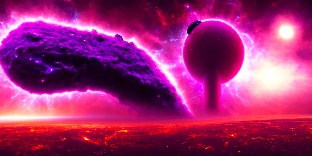 Prompt: Horrific cosmic beast consumes distant future city, emerging from timespace tear, cinematic lighting, PBR, hyperrealistic, oil painting, purple crimson color scheme, dirtyfuturepunk