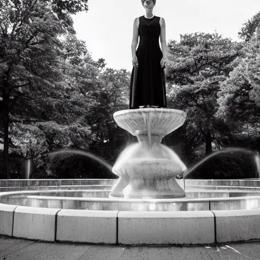 Image similar to a full body portrait of a young woman in black and white maid uniform standing in front of a fountain in a park, 8k, cinematic, photo taken with Sony a7R camera, by William-Adolphe