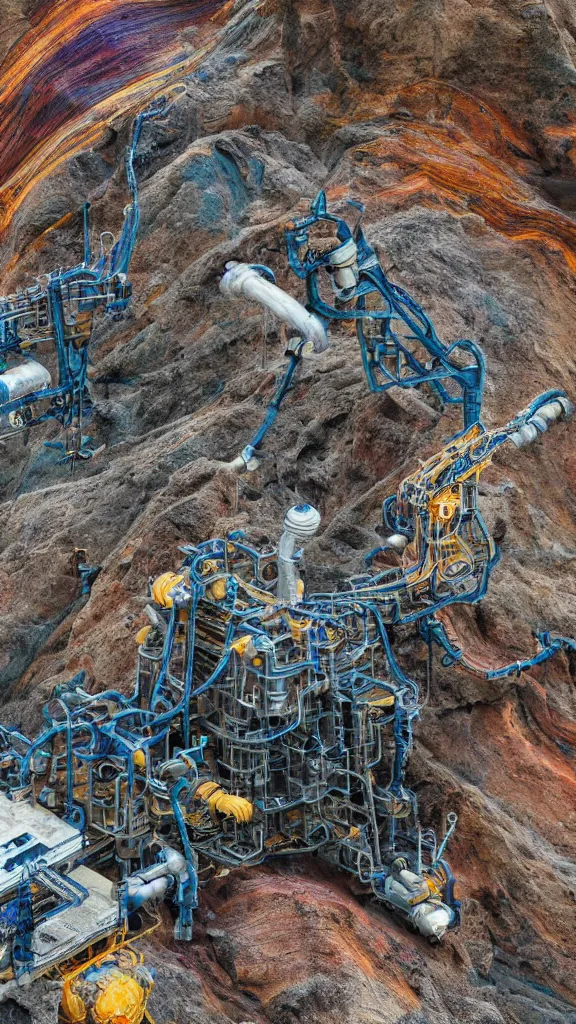 Image similar to ultra realistic macro photography of the giant magical machine embedded within the mountain, colourful sedimentary and igneous rock and marble, rock textures industrial machinery, factory machines, robotics pistons, pipes and valves, super conducters, circuitry. 8k 3D geology photograph