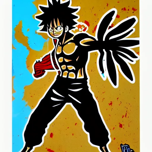 Image similar to die cut sticker, luffy gear 5, splatter paint on paper