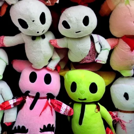 Image similar to haunting plushies being sold at an amusement park, devilish, nightmare fuel, scary, cursed, evil, dark