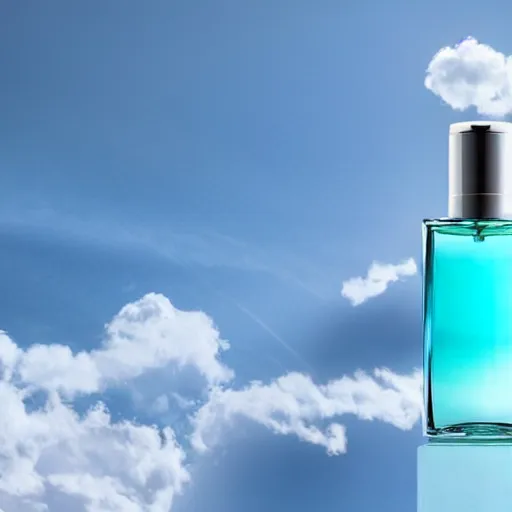 Prompt: airy bright perfume bottle floating in whispy clouds, with dreamy light blue sky and clouds in the background, softly - lit, soft - warm, zen, light, modern minimalist f 2 0 clean