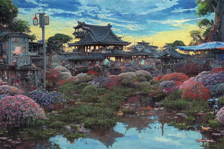 Prompt: oil painting, super - detailed scene spirited away, twilight junkyard, louisiana swamps, indigo blooming flowers garden, japanese sci - fi books art, artwork by jean giraud, hd, 4 k, high quality