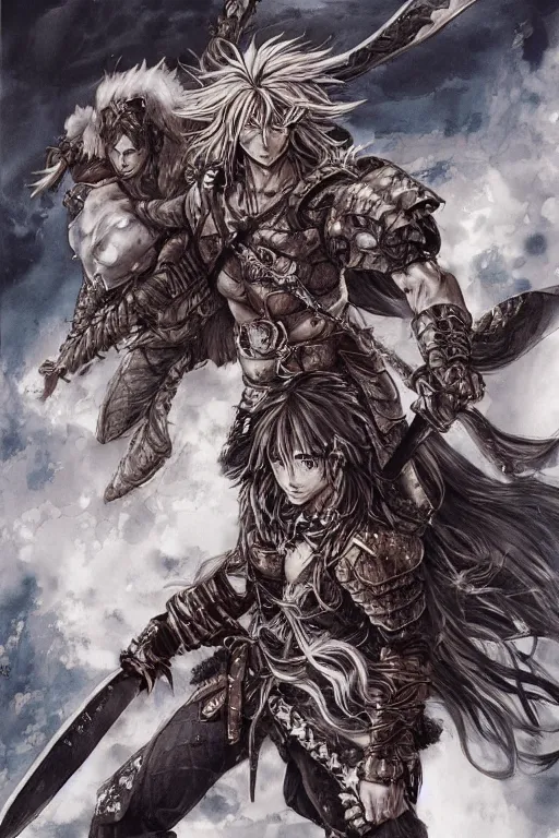 Prompt: A realistic anime portrait of a young handsome male barbarian with long wild hair, intricate fantasy spear, plated armor, D&D, dungeons and dragons, tabletop role playing game, rpg, jrpg, digital painting, by Ayami Kojima and Yusuke Murata and Kentaro Miura, concept art, highly detailed, promotional art, HD, digtial painting, trending on ArtStation, golden ratio, rule of thirds, SFW version